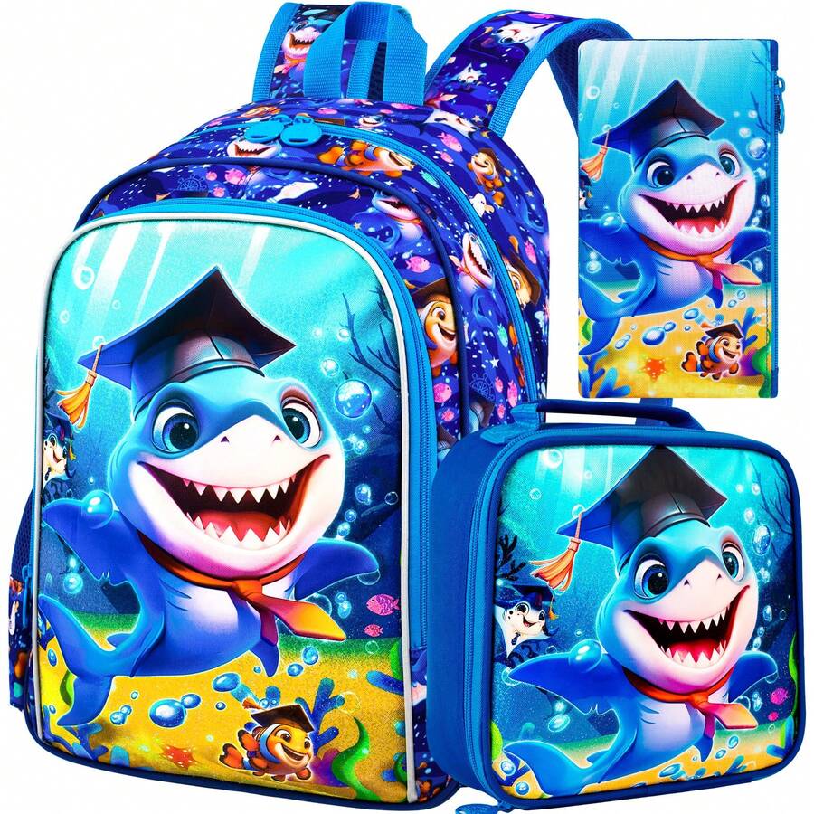 3Pcs Kids Blue Graduation Shark Backpack Set, With Lunch Box & Pencil Case, Ideal For Daily School Use - Blue - View 1