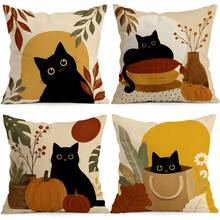 4 pièces/1 pièce Taie d'oreiller motif chat noir d'automne sans insert, taie d'oreiller imprimée sur un seul côté, convient pour le salon, la chambre, la décoration de la maison, taie d'oreiller toutes saisons - Multicolore - Voir 1