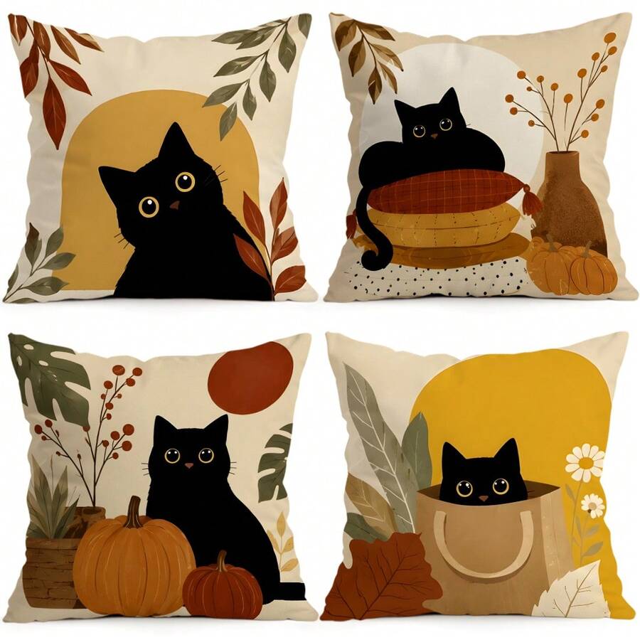 4 pièces/1 pièce Taie d'oreiller motif chat noir d'automne sans insert, taie d'oreiller imprimée sur un seul côté, convient pour le salon, la chambre, la décoration de la maison, taie d'oreiller toutes saisons - Multicolore - Voir 1