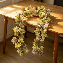 1pc 80.7in/6.7ft Artificial Maple Leaf Garland, Bendable And Reusable, Autumn Halloween Thanksgiving Harvest Decoration, Realistic Faux Hanging Leaf Vine, Suitable For Stairs, Fireplace, Mantel, Tabletop, Home, Party, Indoor And Outdoor Decor - Multicolor - View 6