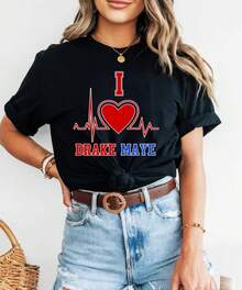 I Heart Drake Maye Tee |   Heartbeat Football Design - Black - View 1