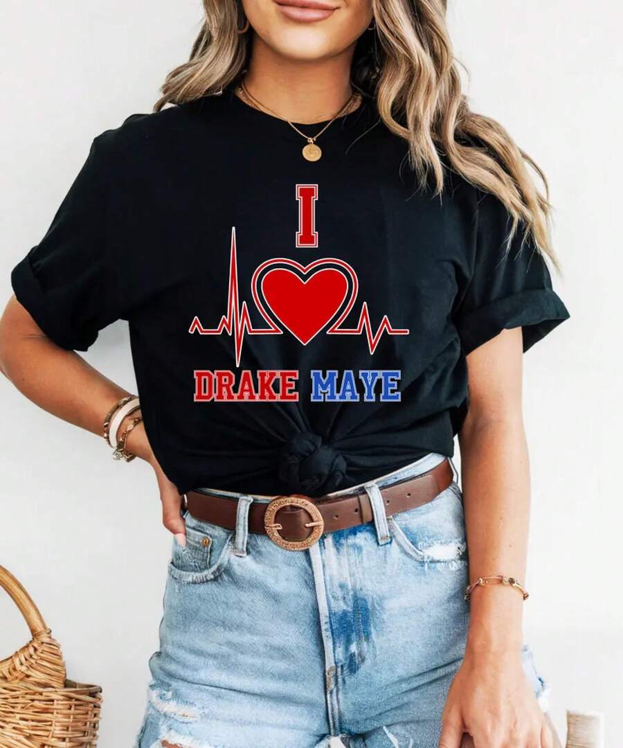 I Heart Drake Maye Tee |   Heartbeat Football Design - Black - View 1