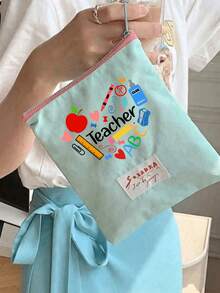 Teacher Appreciation Gift, Large Capacity Portable Makeup Bag, Printed With "Teacher" Text, Makeup Bag, Lining, Perfect For Educators And School Staff, Teacher Thank You Gift, Fashionable Casual Accessory For Travel, Vacation, Daily Commute, Teacher's Day, Portable Storage Bag, Makeup Organizer Bag, Coin Purse, Back To School, Commute, Home Essential. - Multicolor - View 9