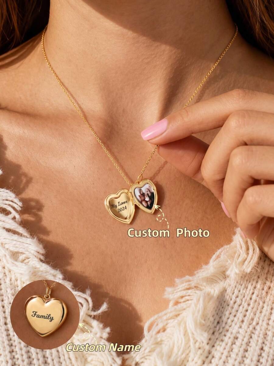 1件定制照片吊坠项链,个性化不锈钢心形照片吊坠项链,心形照片吊坠项链,可刻字个性化照片吊坠,爱情主题照片吊坠,DIY照片和文字,圣诞节、生日、毕业季礼物,送给她的/他的个性化礼物,也是送给妈妈的理想礼物 - 訂製愛心相盒項鍊 - 查看 1