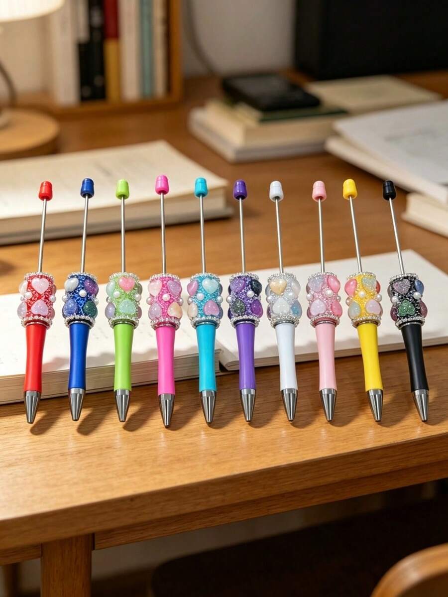 [20pcs]10 Cute Heart-Shaped Beaded Ballpoint Pen Set With 10 Extended Rods, DIY Beaded Ballpoint Pens, Black Ink, Multi-Color Bulk Pack, Suitable For School, Office And Gifts - Multicolor - View 1