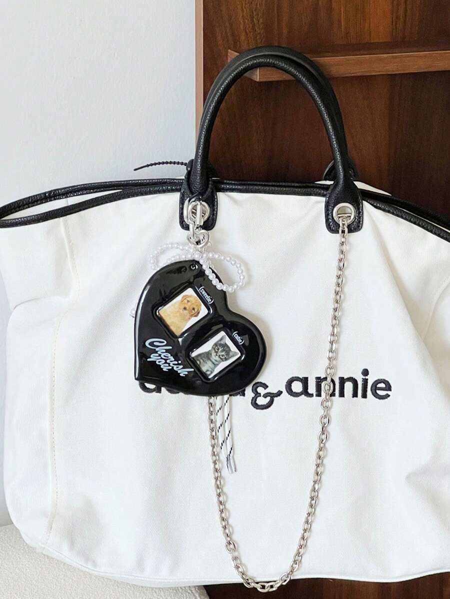 1pc Heart-Shaped Double-Grid Large Head Ins Minimalist Decorative Creative Bag Charm Pendant Gift For Best Friend, Boyfriend, Girlfriend, Sweet Cool Style, Lightweight Compact Portable Suitable For Campus, Commute And Outdoor Use - Multicolor - View 1