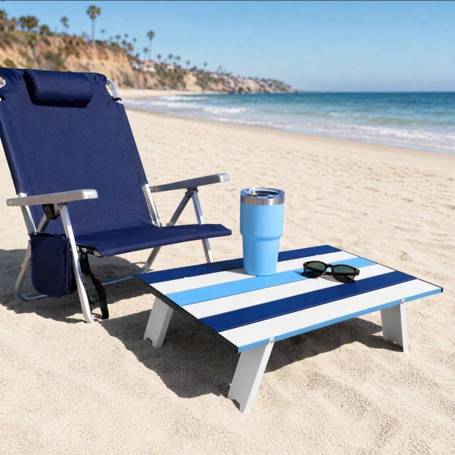 1pc Portable Folding Table, Aluminum Alloy Frame, Waterproof Wear-Resistant Outdoor Small Table, Camping Picnic Mini Storage Table - Blue and White - View 1