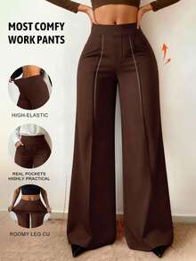 Pantalones de pierna ancha elásticos y delgados para primavera/verano, versátiles para uso diario y desplazamiento - Marrón - Ver 1