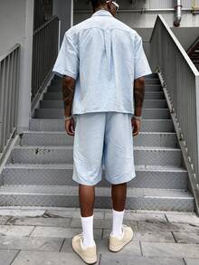 Men's Casual Summer Light Blue Utility Shirt AndBermuda Shorts Set, Fresh Outfit - Baby Blue - View 4