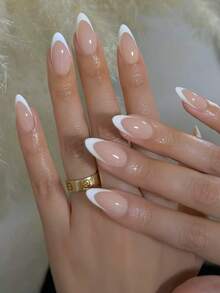 Minimalist Style 24pcs Short Almond Shape White Edge French Press-On Fake Nails Nail Tips Nail Stickers Manicure Set Suitable For Daily Wear, Dates, Afternoon Tea, Outings - Multicolor - View 2