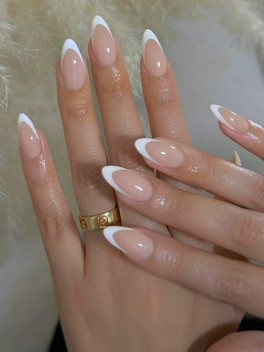 Minimalist Style 24pcs Short Almond Shape White Edge French Press-On Fake Nails Nail Tips Nail Stickers Manicure Set Suitable For Daily Wear, Dates, Afternoon Tea, Outings