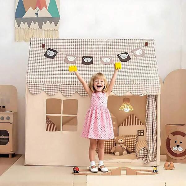 Tienda de juegos infantil a cuadros neutros, casita de juegos plegable para interiores con cortinas, escondite de tela transpirable, rincón de lectura acogedor, casa de juguetes portátil para niños pequeños, decoración estética para la habitación y regalo de cumpleaños (luces no incluidas).