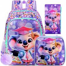 3Pcs Kids Cute Graduation Koala Print School Bag Combo, With Insulated Lunch Box, Pencil Pouch & Pom Pom For Girls Elementary - Purple - View 2