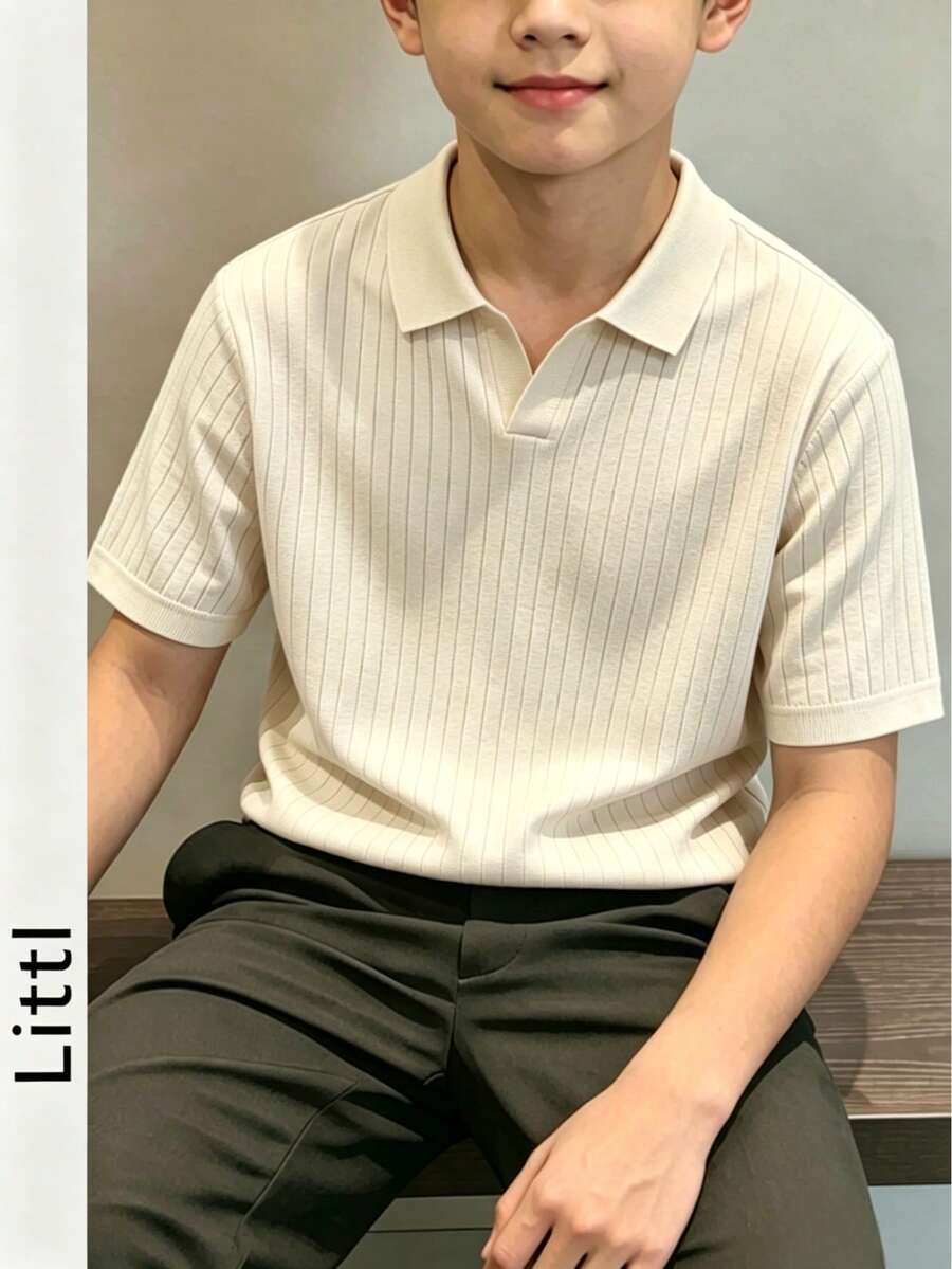 Boys' Teen Student Casual Solid Color Crew Neck Pullover Ribbed Knit Short Sleeve T-Shirt Spring Summer Top - Apricot - View 1