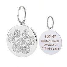 Etiqueta personalizada para mascotas, etiqueta redonda personalizada para mascotas con huella de pata de strass brillante, diseño de doble cara, la parte delantera con una exquisita huella de pata de strass con apariencia destacada, la parte trasera se puede grabar con láser con el nombre de la mascota, dirección, número de teléfono de contacto, material de acero inoxidable resistente al desgaste y sin decoloración, adecuado para gatos y perros, prevención efectiva de la pérdida de mascotas mientras añade decoración - Multicolor - Ver 9