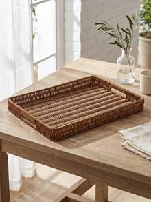1/2/3pcs Vintage Handwoven Rattan Serving Tray With Handles, Multipurpose Decorative Basket For Bread, Snacks, Fruits, Desserts, Kitchen, Dining, Living Room, Balcony, Picnic, Home Storage Organizer - Coffee Brown - View 3