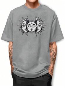 Basic Cotton T-Shirt With Round Neck, Moon And Solar Eclipse Design - Light Grey - View 1