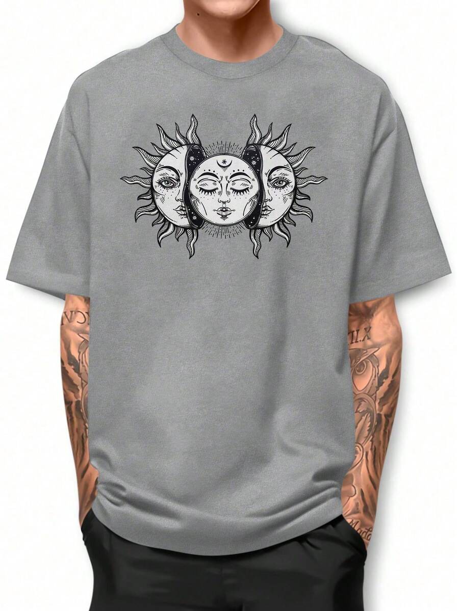 Basic Cotton T-Shirt With Round Neck, Moon And Solar Eclipse Design - Light Grey - View 1