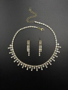 3pcs Gold & Silver Tone Rhinestone Jewelry Set Necklace And Earrings, Crystal Clear, Light Luxury Elegant, High Gloss, Suitable For Women's Wedding, Birthday, Party, Anniversary And Other Occasions - Gold - View 4