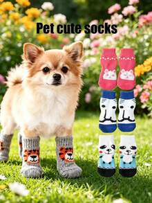 Kaus Kaki Anjing Anti Selip Sepanjang Musim, Motif Kartun Lucu, Anti Gores, Anti Kotor, Pelindung Lantai, Pelindung Furnitur, Bernapas, Hangat, Anti Selip, Cocok Untuk Anjing Kecil, Anak Anjing, Teddy, Pomeranian, Pelindung Kaki Dalam/Luar Ruangan, Kaus Kaki Hewan Peliharaan - MultiWarna - View 2