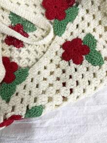 Cute Countryside Style Women Bandana,Beige Knitted Floral Hollow Tie Triangle Scarf Hair Accessories Hair Bands Headbands Head Wrap Summer Outfits - Red - View 7