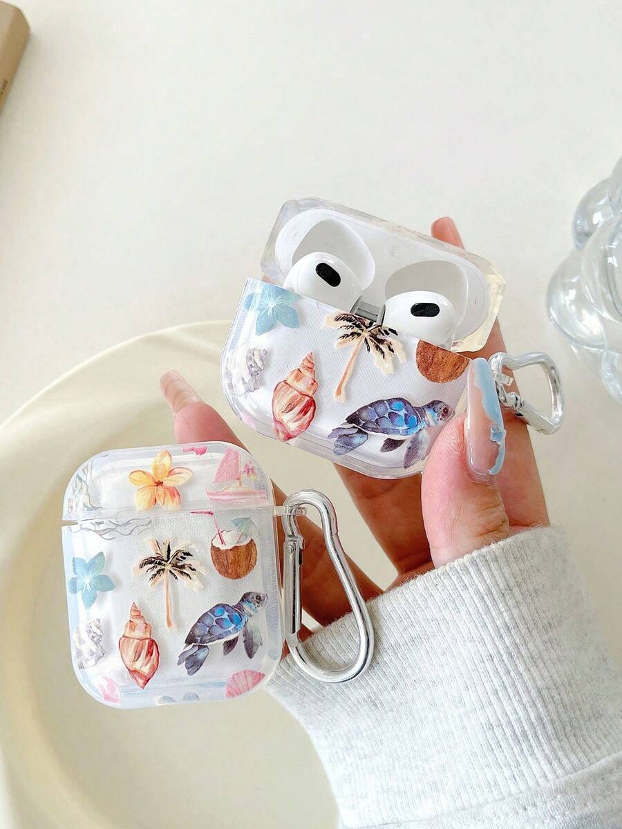 Summer Ocean Turtle Pattern Transparent Protective Case With Carabiner, Compatible With AirPods 1 2 3 4 Pro 2, Soft TPU Material - Multicolor - View 1