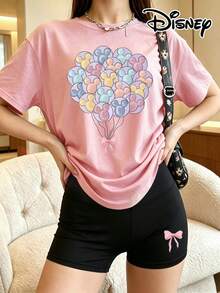 Disney Official Licensed Lilo & Stitch 2-Piece Set, Women's White Tee & Biker Shorts, Featuring Pastel Mickey Balloon Print With Pink Bow, - 粉色 - 查看 1