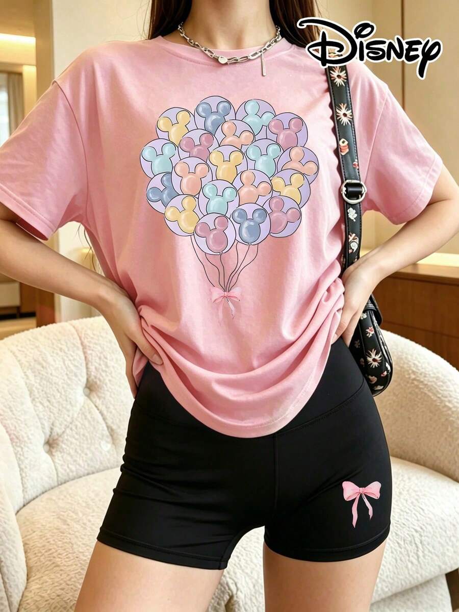 Disney Official Licensed Lilo & Stitch 2-Piece Set, Women's White Tee & Biker Shorts, Featuring Pastel Mickey Balloon Print With Pink Bow, - 粉色 - 查看 1