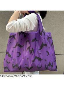 1pc Halloween Purple Bat Bag, Halloween Decoration Bag, Foldable Oxford Cloth Shopping Bag, Portable Storage Bag, Large Supermarket Grocery Bag, Suitable For Holiday Decoration And Home Decor - Multiple Styles - View 3