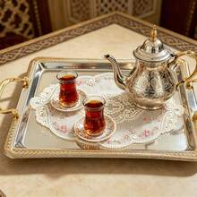 ALMAMARA 1,2,3pcs Luxury Tray Silver+Glod Two-Color-Plated Rectangular Serving Tray With Ornate Embossed Paisley & Floral Pattern, Premium Braided Edge & Curved Metal Handles, Elegant Multi-Purpose Decorative Tray For Tea, Coffee, Parties, Weddings - Multicolor - View 9