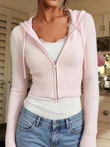 Women's Pink Knitted Short Zip-Up Hoodie Long Sleeve Sweater, Essential Casual Wear For Spring. - Pink - View 2