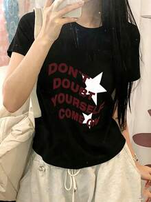 女款時尚短袖休閒圓領百搭極簡字母與星星印花T恤，夏季黑色 - 黑色 - 查看 7