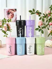 Vaso térmico de acero inoxidable personalizado, taza de viaje con nombre personalizado, regalo de dama de honor taza de café, regalo personalizado, vaso térmico con pajita, taza de viaje personalizada, vaso térmico, regalo de dama de honor, vaso térmico con tapa, invitación de dama de honor, despedida de soltera, taza de café - Multicolor - Ver 8