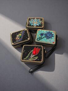Best-Selling Bohemian Style Card Holder With Money Tree, Eye, Peacock, And Leaf Patterns, Large Capacity Multifunctional Card Storage Bag With Double Zipper Coin Purse, Creative Gift Choice For Best Friends And Yourself - Multicolor - View 1