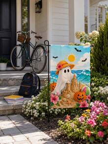 1pc Halloween Beach Ghost Print Garden Flag, Coastal Style Linen Yard Banner, Double-Sided, Fade-Resistant Weather-Resistant, Cute Ghost Sandcastle Pumpkin Bat Hibiscus Decorative Flag, Suitable For Outdoor Lawn Patio Porch Farmhouse Halloween Party Holiday - Multicolor - View 7