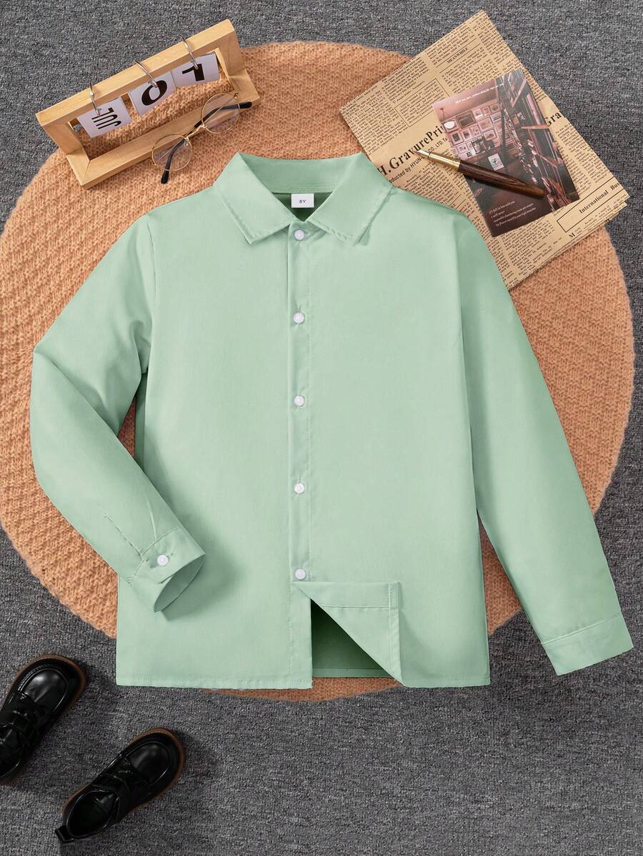 男童經典休閒學院風素色長袖襯衫，適合學校、派對、表演、正式場合、花童等 - 薄荷綠 - 查看 1