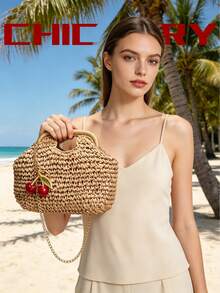 Summer Women's Khaki Woven Straw Bag, Cherry Charm, Beach Fashion Elegant Chain Crossbody Bag, Vintage Hollow Handbag Beach Bag, Creative Clasp Hardware, Summer Bridal Bag, Women's College Student Bag, Suitable For Parties, Shopping, Vacation, Crochet Bag - Khaki - View 6