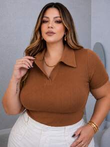 T-Shirt, Blouse, Polo Shirt, Ribbed Cotton, Comfortable, Elegant, Everyday, Casual, Plus Size 007 - 摩卡棕 - 查看 1