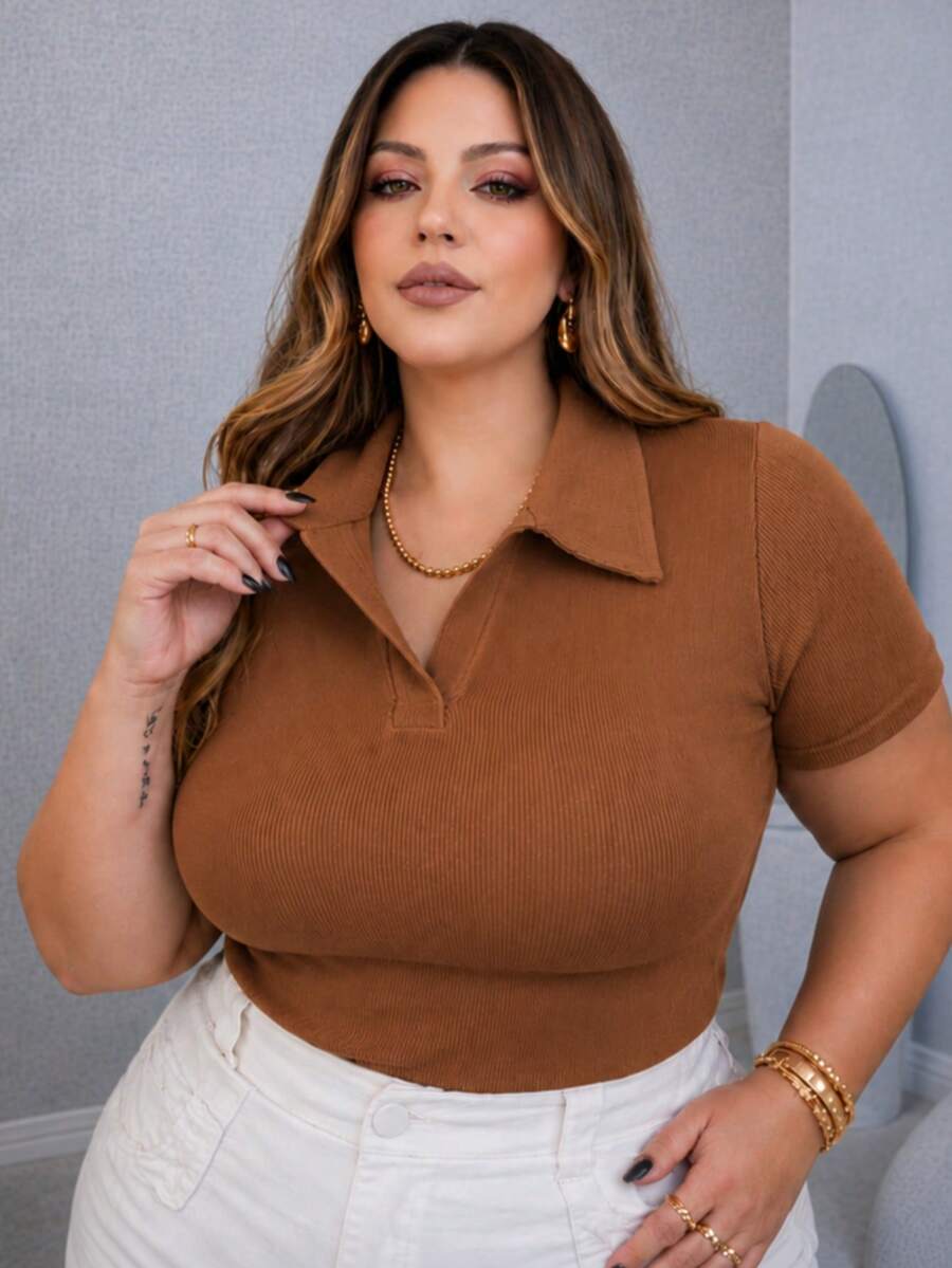 T-Shirt, Blouse, Polo Shirt, Ribbed Cotton, Comfortable, Elegant, Everyday, Casual, Plus Size 007 - 摩卡棕 - 查看 1
