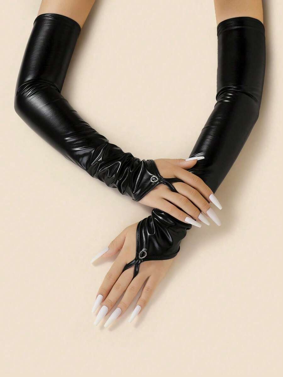 1 Pair Cool Faux Leather Long Fingerless Arm Sleeves With Rhinestone ...