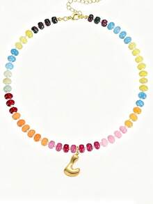 1pc Bohemian Style Colorful Beaded Gemstone Necklace, Bubble Letter Pendant Necklace, Natural Gemstone, Handmade Jewelry Gift - Multicolor - View 9