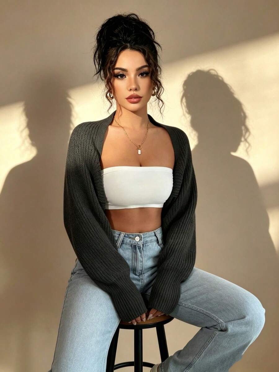 Women's Elegant Solid Color Ribbed Knit Cropped Cardigan, Autumn - Black - View 1