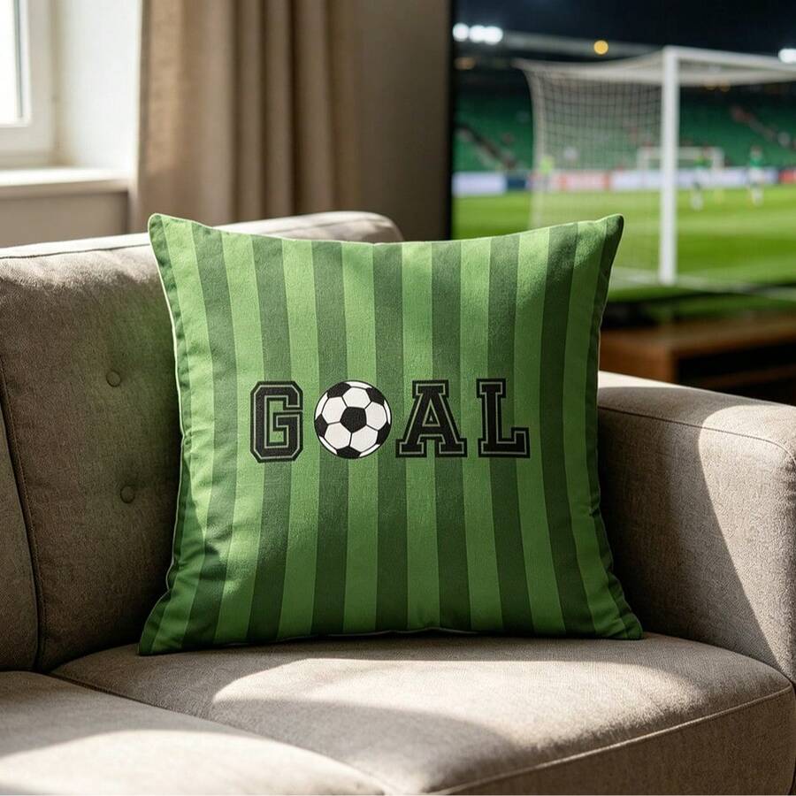 1個足球主題抱枕套 - 綠白條紋設計附「GOAL」文字,雙面枕套,100%聚酯纖維,拉鍊式正方形靠墊套,適用於沙發與房間裝飾,足球房裝飾,足球愛好者裝飾抱枕套(不含枕芯) - 彩色 - 查看 1