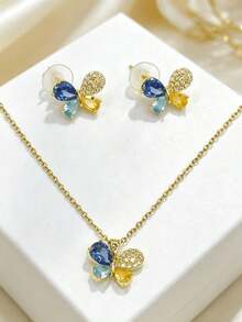 1套不鏽鋼鏈條蝴蝶吊墜時尚項鍊與耳環珠寶，禮品飾品 - 金色蝴蝶 - 查看 4