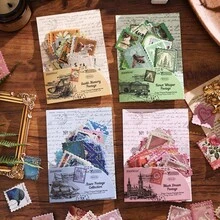 100張多款復古田園郵票貼紙組，花卉、蝴蝶與動物可愛貼紙，適用於DIY手帳場景製作，全方位剪貼簿手工藝用品，適合學生學校辦公室使用 - 長方形 - 查看 10