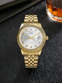 RICECGO 1pc Classic Men's Quartz Watch With Dual Calendar Display, Business Casual Steel Band Wristwatch, Fashionable And Reliable, Suitable As Father's Gift - Gold - View 4
