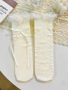 1/3 pares de calcetines de media pantorrilla con volantes de encaje hueco y lazo, versátiles y lindos - Multicolor - Ver 13