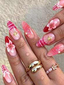 10Pcs Sweet Pink Gradient Press On Nails, 3D Lily Flower & Mermaid Shell Starfish French Pink Ombre False Nails, Summer Nails,Suitable For Daily Wear And Holiday Gifts - Multicolor - View 3