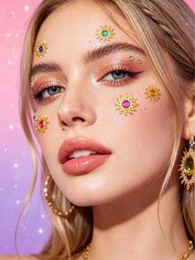 1 Peça Adesivo de Strass com Tema de Sol Boêmio para Decoração Facial, Cristal Multicolorido + Estilo de Padrão, Joia Facial Autoadesiva para Festival de Música, Festa de Verão, Halloween, Carnaval, Fotografia, Eventos de Casamento - Multicolorido - Visão 4