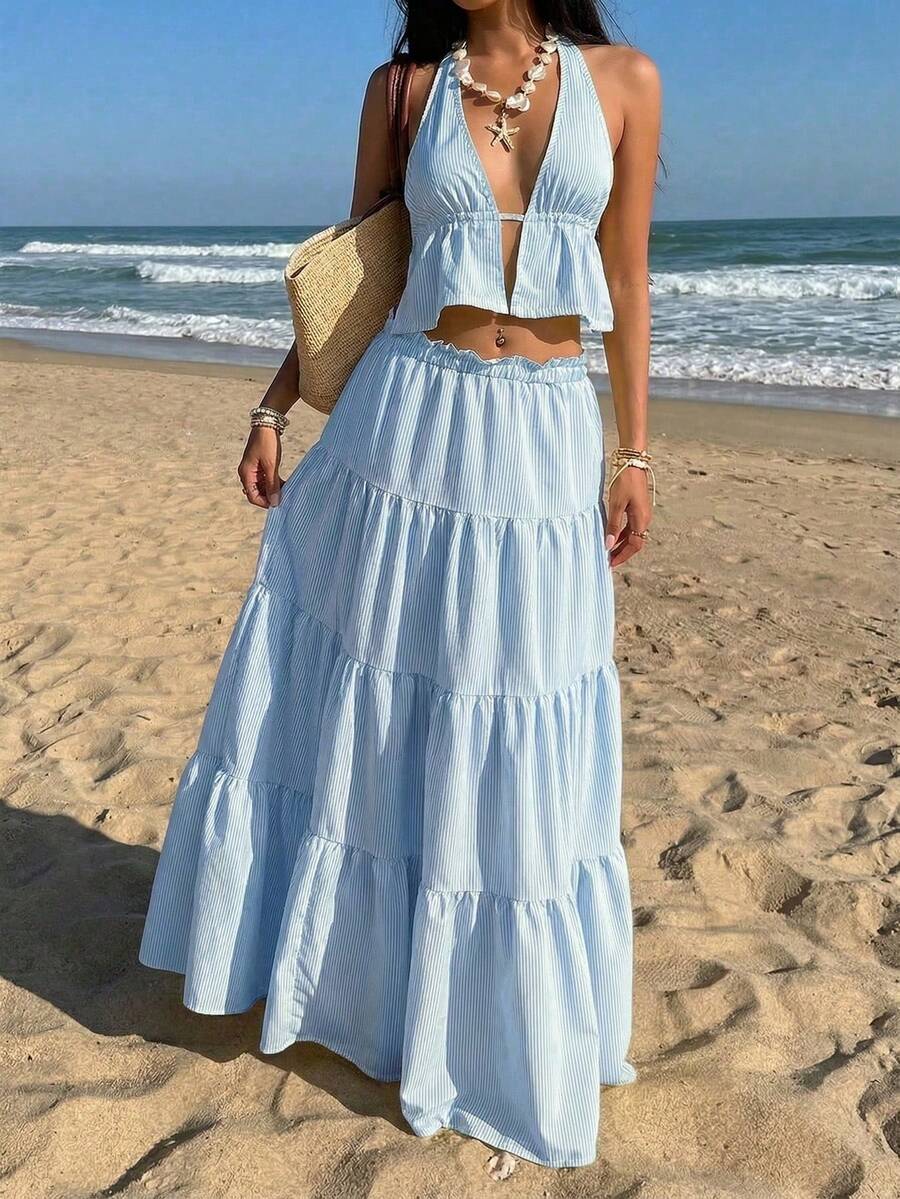 Conjunto de 2 piezas con top corto con escote en V profundo, tirantes y espalda descubierta a rayas amarillas, y falda holgada con volantes en el bajo, elegante y romántico para va - Azul - Ver 1